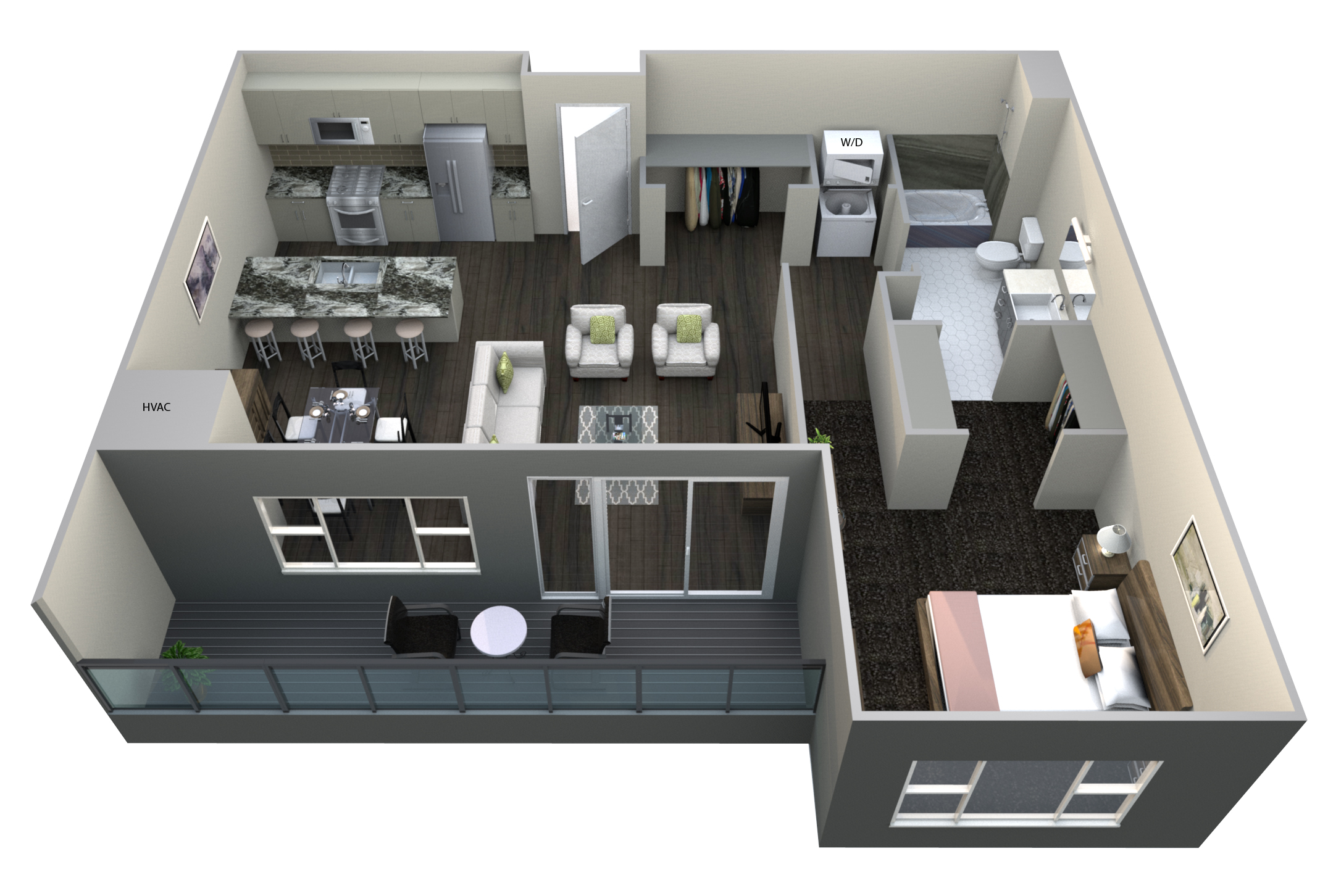 Floor plan for 1 bed, 1 bath, 1019 sqft